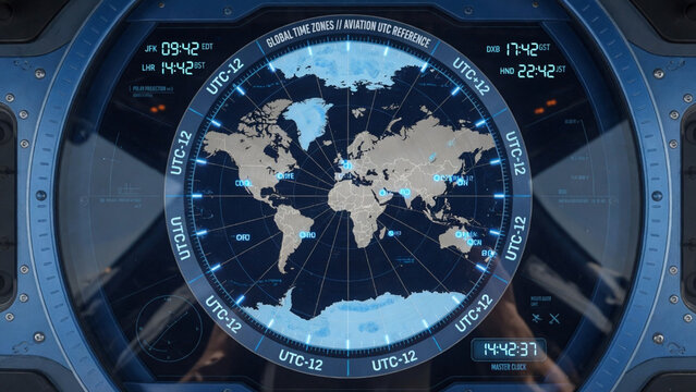 Futuristic world time zone clock interface