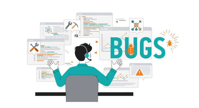Software Developer Fixing Bugs Vector Illustration