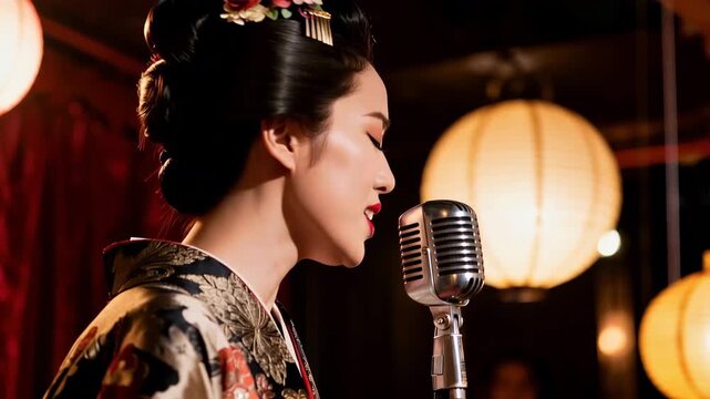 和服の女性が赤い照明の会場で静かにレトロ歌唱