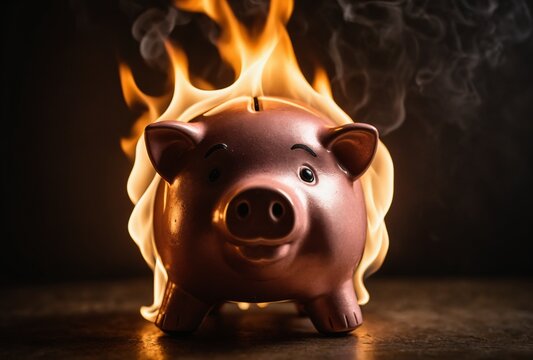 Burning Piggy Bank Concept With Flames