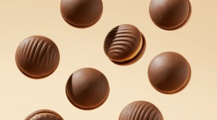 Fototapeta premium Chocolate peanut butter cups fly through air against plain background. Delicious sweet candies, confectionery treats, nutty filling, cocoa coating. Tasty snack, baked goods for dessert.