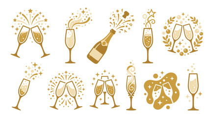 Collection of golden champagne glasses and bottle illustrations for celebrations and parties. © tr