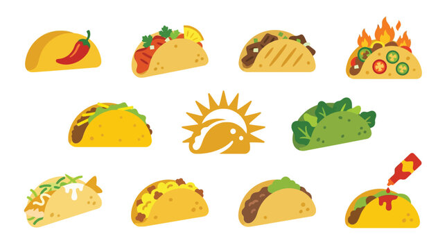 Collection of delicious and diverse taco illustrations with various fillings and toppings.