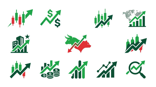 Collection of stock market and financial growth icons, including charts, graphs, bulls, bears, and currency symbols.