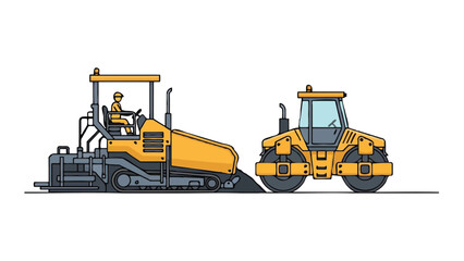 Fototapeta premium Asphalt Paver and Road Roller Vector Illustration: Heavy Construction Machinery for Road Building and Infrastructure Projects Isolated on White