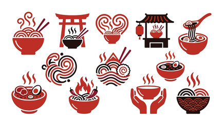 Collection of stylized Japanese ramen noodle soup icons and symbols in red and black. © tr