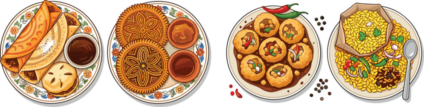 Vector illustration set of traditional Bangladeshi street food and snacks including dosa pitha panipuri and khichuri isolated on white background
