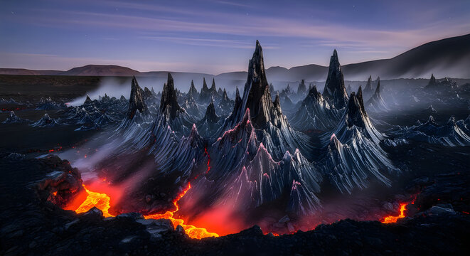 Volcanic Landscape with Glowing Lava Flows and Sharp Obsidian Peaks at Twilight