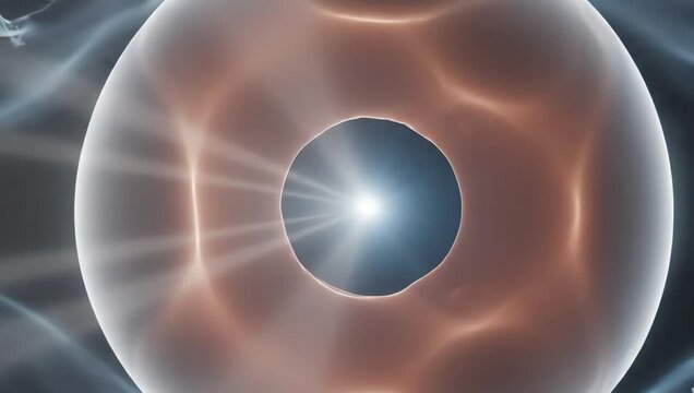 Light rays passing through a transparent cornea and lens inside the human eye, glowing beams bending smoothly toward the retina