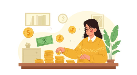 Fototapeta premium Woman stacking coins and banknotes, financial planning and savings concept