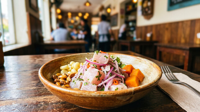 Fresh Peruvian Ceviche with fish, red onion, chili, corn, and sweet potato. A traditional coastal dish from Peru
