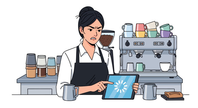 Frustrated Barista Using Tablet with Loading Icon