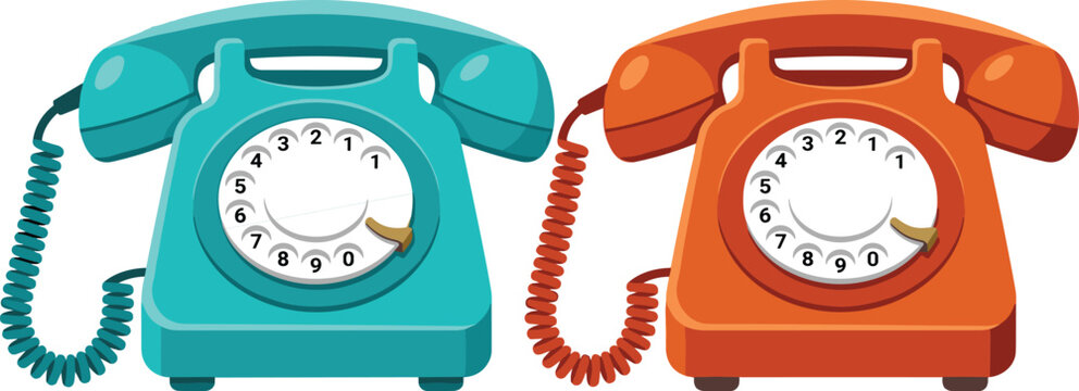 Vector illustration of two classic vintage rotary dial telephones in turquoise and orange colors isolated on white background