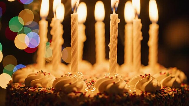 Lit white candles on birthday cake with colorful bokeh background