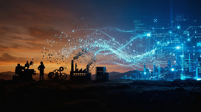 Silhouettes of industrial workers and machinery transform into digital blue data streams against a sunset sky