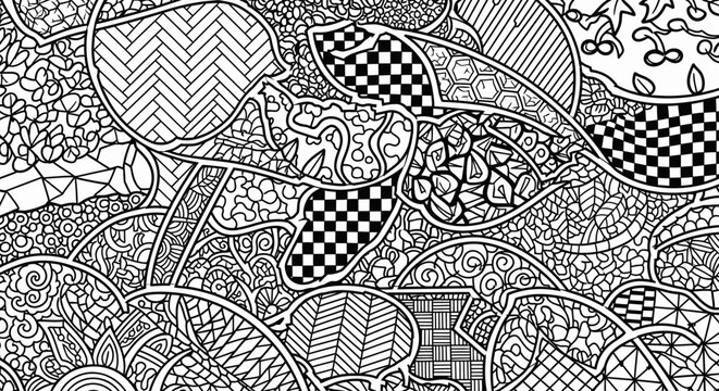 Abstract black and white zentangle pattern banner for coloring