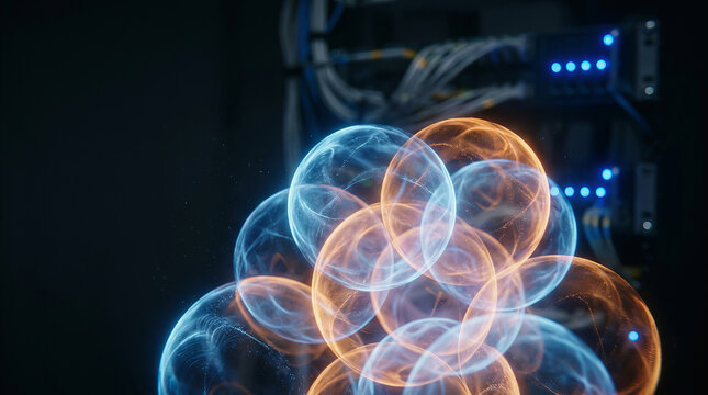 Abstract glowing spheres of blue and orange light float in front of a dark server rack with blinking indicator lights.