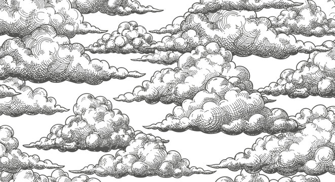 Vintage hand drawn cloud engraving seamless pattern background