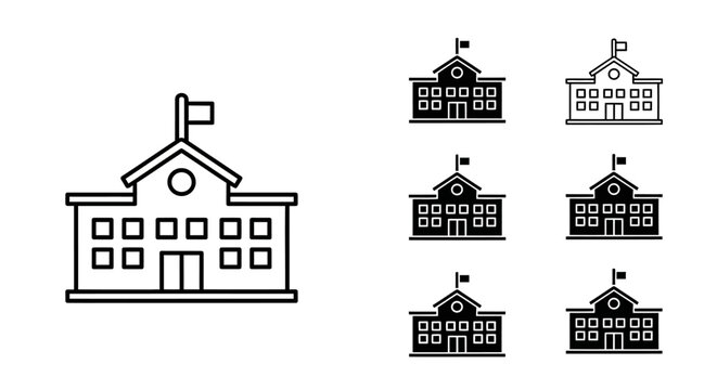 Modern vector icon collection of a classic school building with a flagpole, ideal for educational institutions, academic resources, and learning-focused digital projects