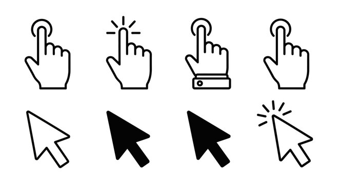 Set of Mouse Pointer Cursors and Hand Clicks Icons, Digital Interface Navigation Symbols, Web Design Elements