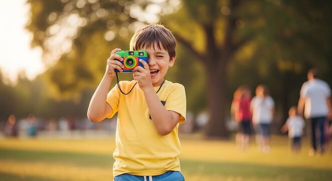 Celebrating world photography day with a young photographer in a park