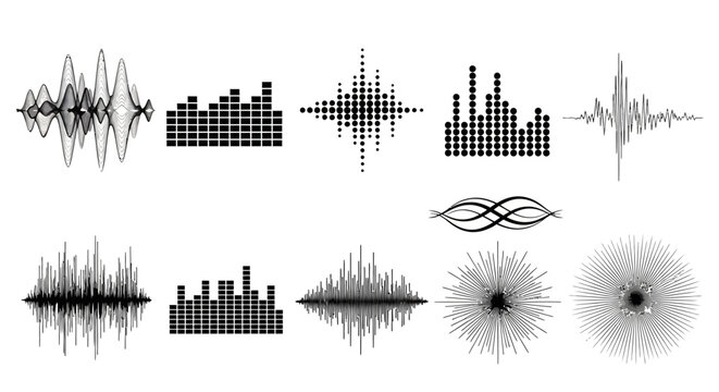 Collection of Diverse Sound Waves and Audio Visualizations Representing Different Frequencies and Amplitudes