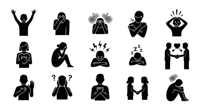 Emotions and feelings depicted in a grid of human silhouette icons representing a wide range of emotions and reactions