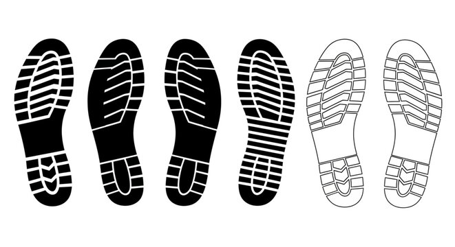 Set of assorted boot and shoe sole prints, illustrating various tread patterns in both solid black fill and outlined graphic vector styles for design