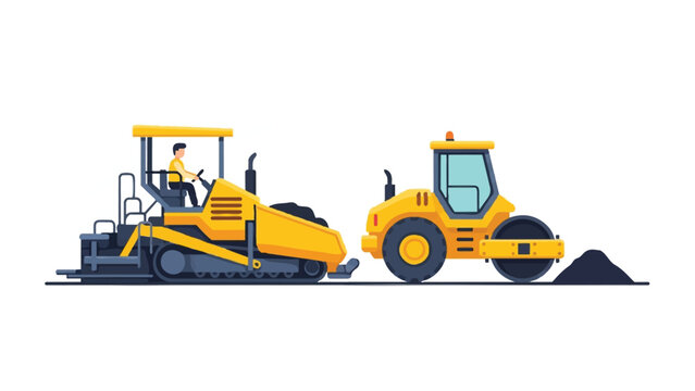 Road Construction Equipment Illustration with Asphalt Paver and Steam Roller Machinery Isolated on White