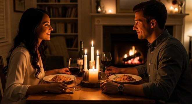 Casal desfruta de um jantar rom&acirc;ntico &agrave; luz de velas com conversa animada em ambiente interno &agrave; noite.