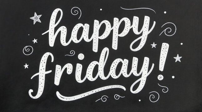 Chalkboard art displays Happy Friday in white lettering with playful stars and dots. Fun message signals start of weekend, good mood, and end of work week. Great for social media.