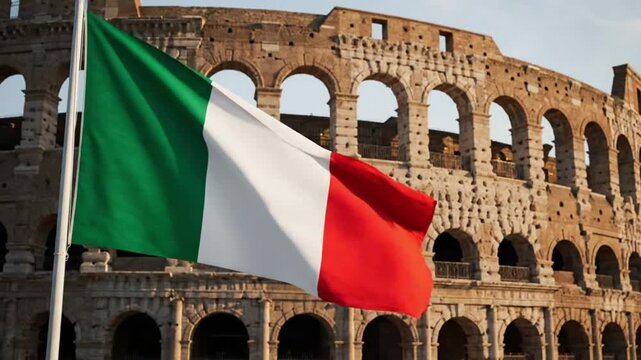Italian Flag Waving in Front of the Colosseum in Rome Italy