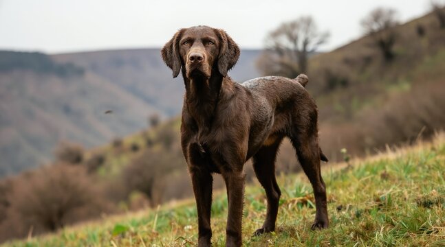 Brown pudelpointer dog stands on grassy hill in mountains. Adult hunting canine outdoors with soft focus background of bare trees and hills. It looks at the camera.