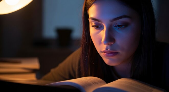 Mulher l&ecirc; &agrave; noite sob a luz de um abajur, concentrada em seus estudos.