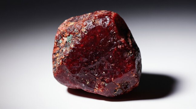 Deep red rough garnet stone rests on plain white surface. Macro shot shows mineral texture, dark shadow adds depth. Red gem isolated on light background.