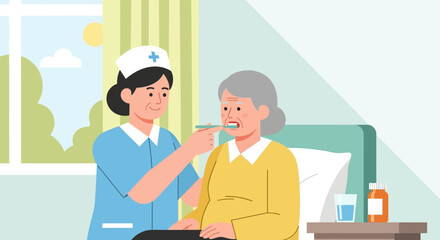 Fototapeta premium Nurse caring for elderly woman, brushing teeth in bedroom, healthcare concept
