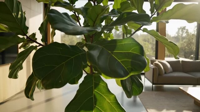 Large fiddle leaf fig leaves fill a bright modern living room, soft morning light and calm neutral decor create a fresh relaxing mood for home styling