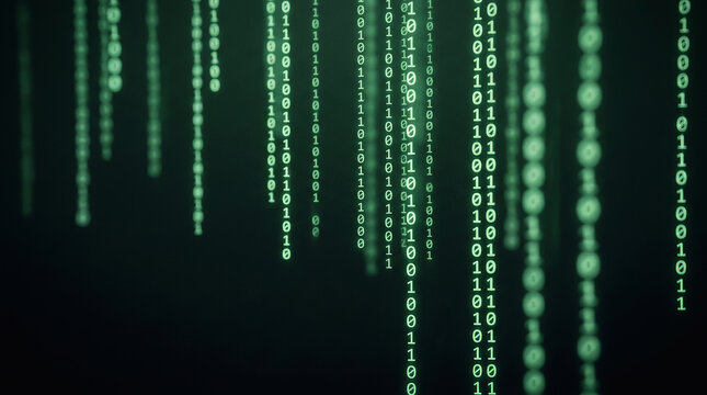 Digital rain of binary digits cascading down a dark screen in iconic green glowing text style representing data streams and digital information flow