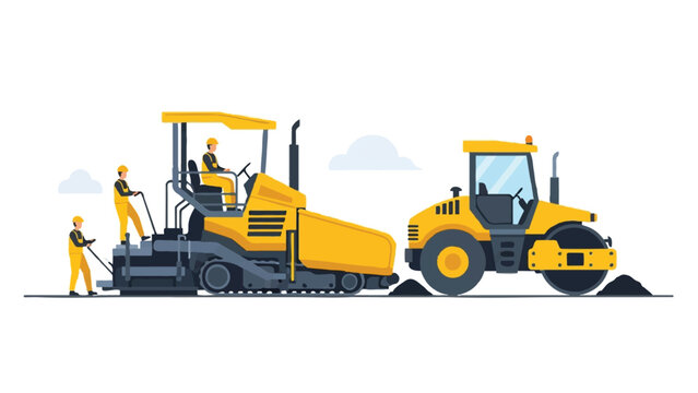 Road Construction Scene with Heavy Machinery, Asphalt Paver, Steam Roller, and Workers