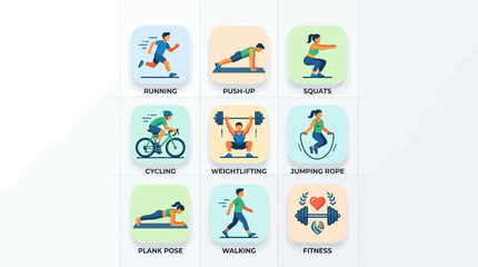 Fototapeta premium Fitness activity flat icon set: running, push up, squat, cycling, weightlifting, jumping rope, plank pose, walking, flat vector fitness icons, clean minimal style
