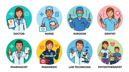 Fototapeta premium Healthcare profession flat icon set: doctor, nurse, surgeon, dentist, pharmacist, paramedic, laboratory technician, physiotherapist