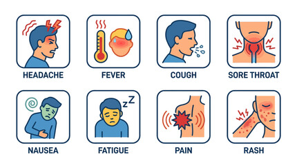 Fototapeta premium Medical symptoms flat icon set: headache, fever, cough, sore throat, nausea, fatigue, pain, rash, flat vector healthcare icons, simplified body symptom symbols