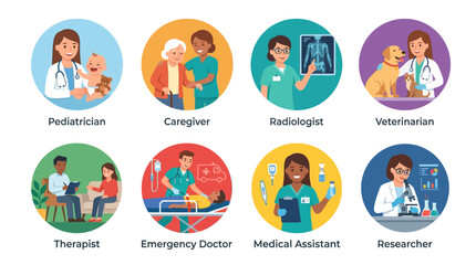 Fototapeta premium Medical worker flat icon set: pediatrician, caregiver, radiologist, therapist, emergency doctor, veterinarian, medical assistant, researcher