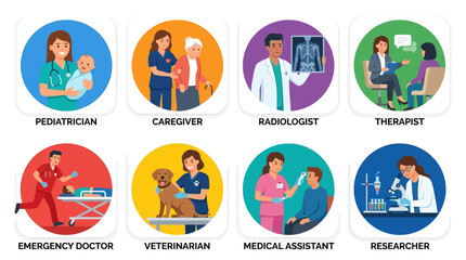 Fototapeta premium Medical worker flat icon set: pediatrician, caregiver, radiologist, therapist, emergency doctor, veterinarian, medical assistant, researcher