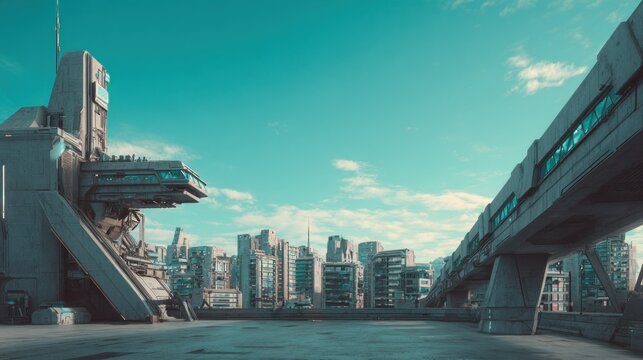 futuristic cityscape with elevated train tracks and modern skyscrapers under a bright blue sky