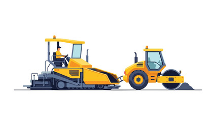 Obraz premium Asphalt Paver and Road Roller Heavy Machinery for Road Construction Work, Flat Vector Illustration Isolated on White Background