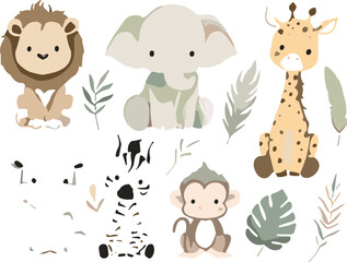 Cute safari animal vector illustration set featuring baby lion elephant giraffe zebra monkey and tropical leaves for nursery © Ruma
