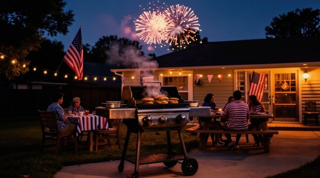 American family enjoys backyard BBQ with burgers grilling and fireworks. People eat at picnic table under string lights celebrating Independence Day holiday at dusk.