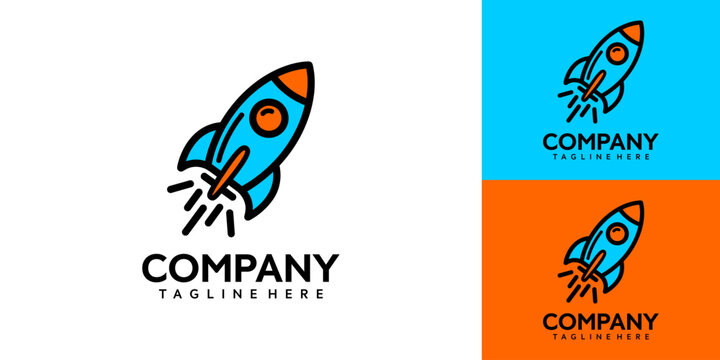 A rocket logo soars upwards with company tagline on white and colored backgrounds.