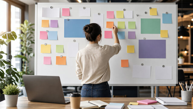 Woman organizing colorful notes on whiteboard for project planning